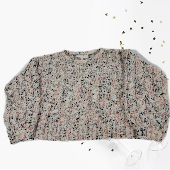 Jessica Simpson White Confetti Multi-Color Cropped Knit Sweater Ribbed Cuff Larg - Picture 9 of 14